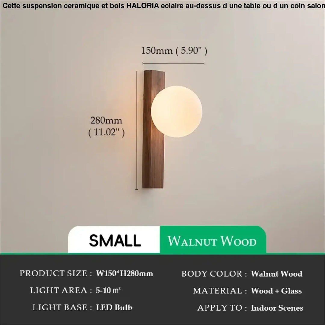 Applique bois noyer avec boule en verre led moderne design
