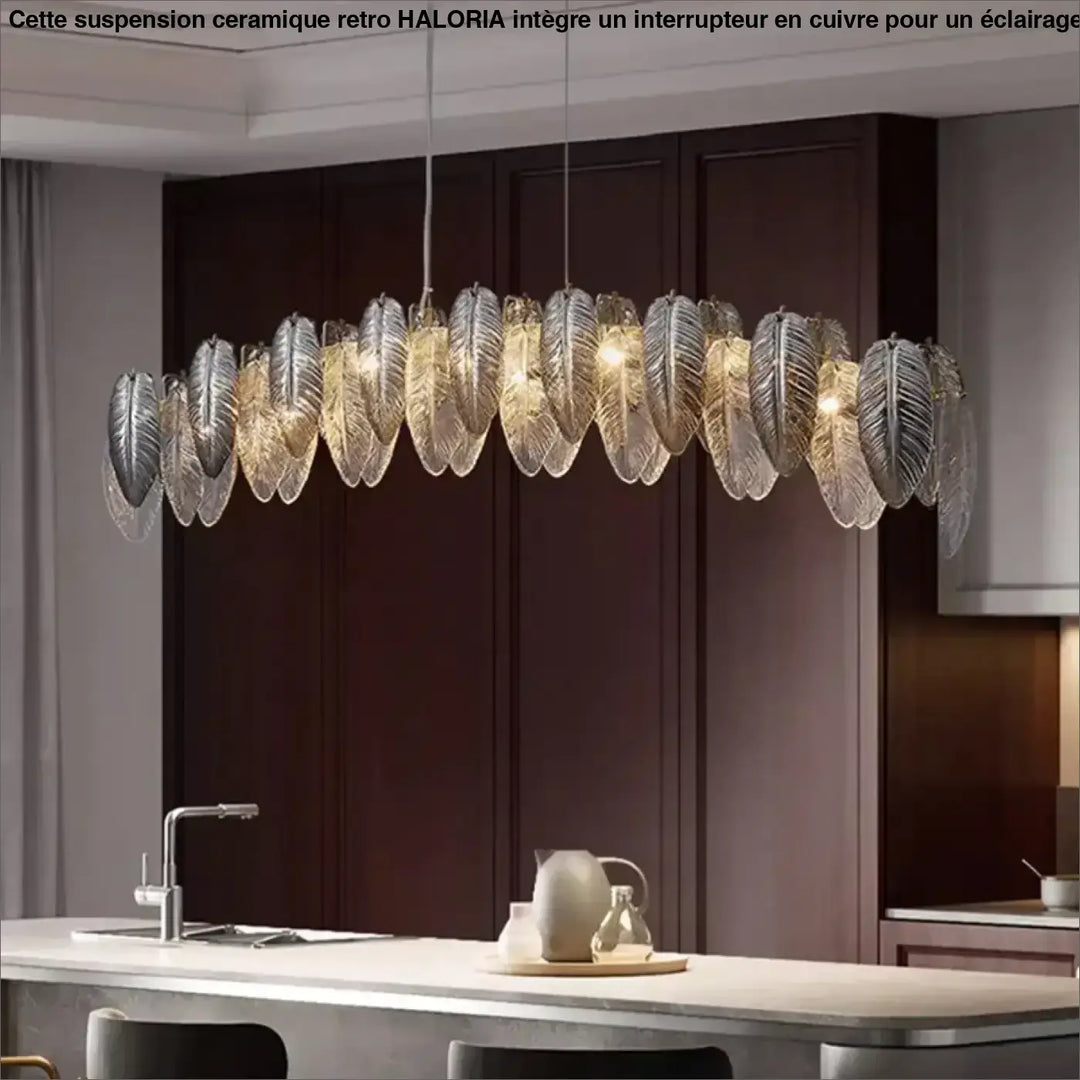 Suspension design en verre effet feuillage doré argent
