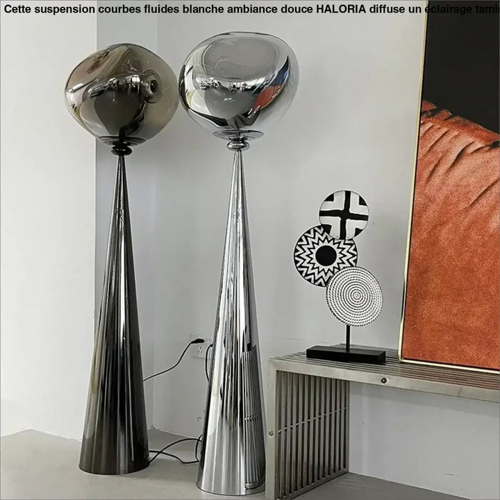 Lampadaire design en verre fumé ambré et chrome moderne