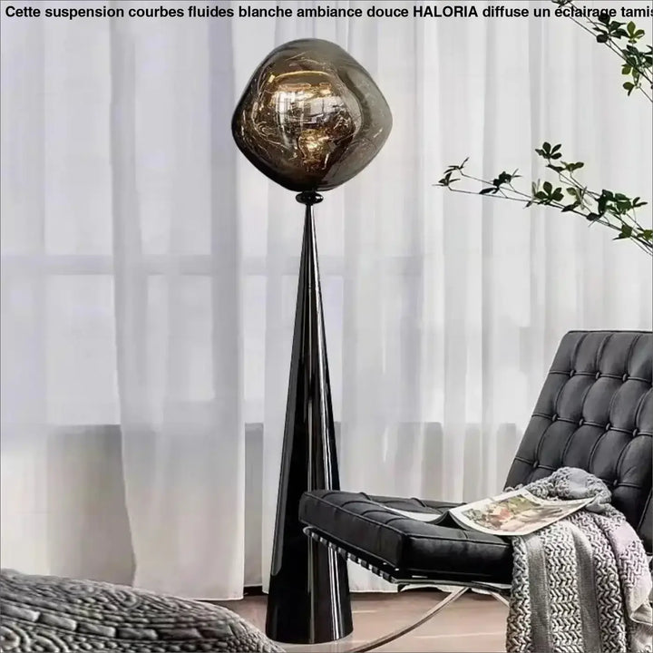 Lampadaire design en verre fumé ambré et chrome moderne