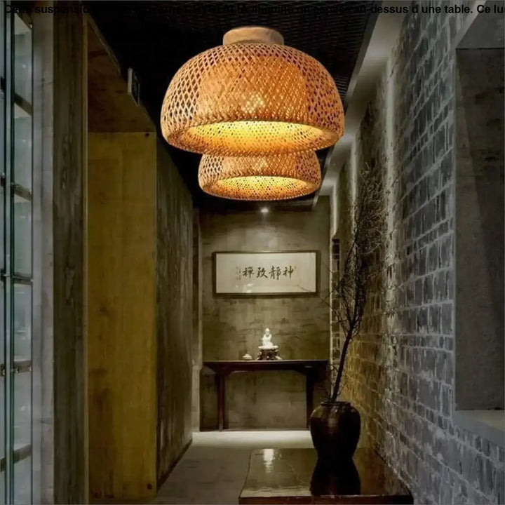 Suspension cristal moderne en bambou tissé ton chaud avec design lanternier à étages pour éclairage intérieur