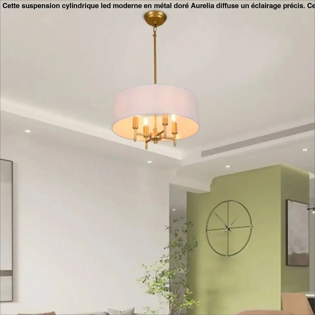 Suspension Abat Jour Tissu Moderne Rond Blanc Noir Doré Élégant