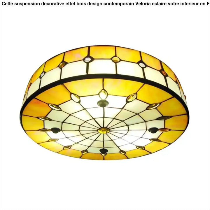 Suspension decorative effet bois avec effet bois design contemporain en vitrail cercle jaune chaud et crème veloria