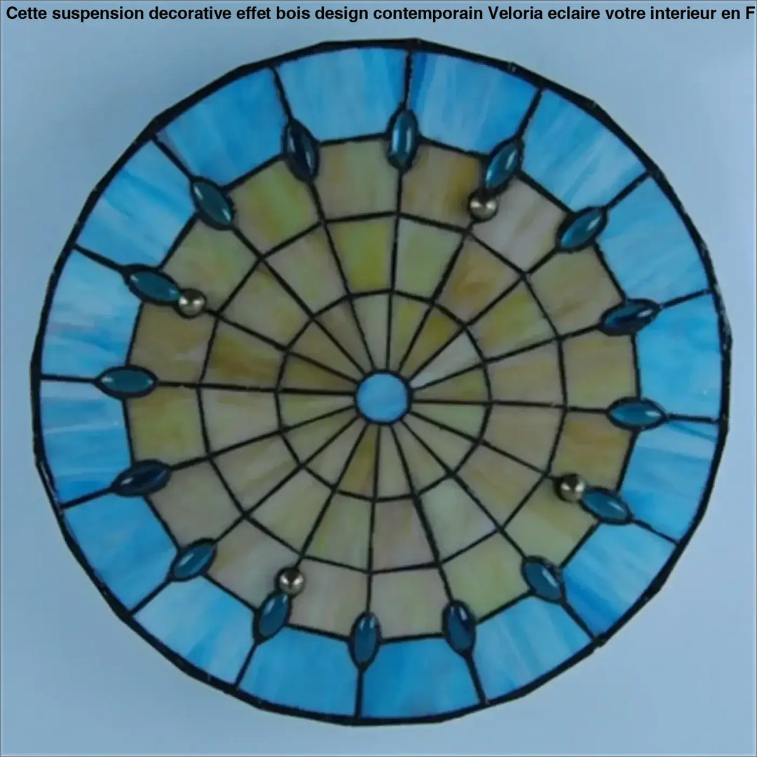 Suspension decorative effet bois design contemporain avec lumière circulaire en verre teinté bleu beige et perles ovales teal
