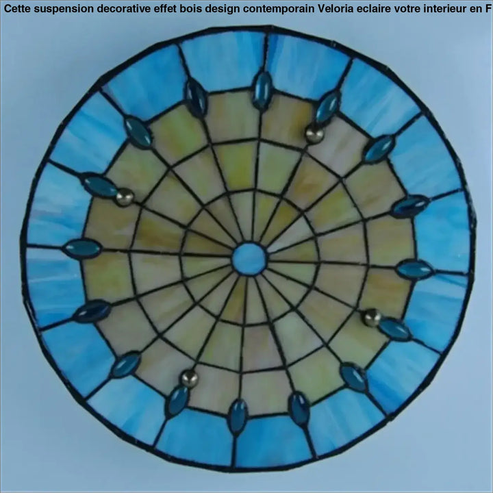Suspension decorative effet bois design contemporain avec lumière circulaire en verre teinté bleu beige et perles ovales teal