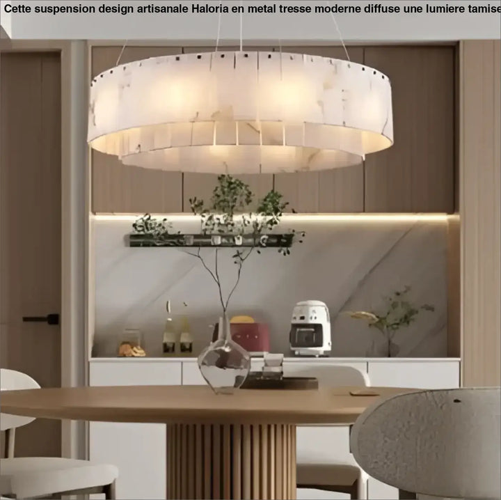 Suspension circulaire effet marbre led design blanc chic