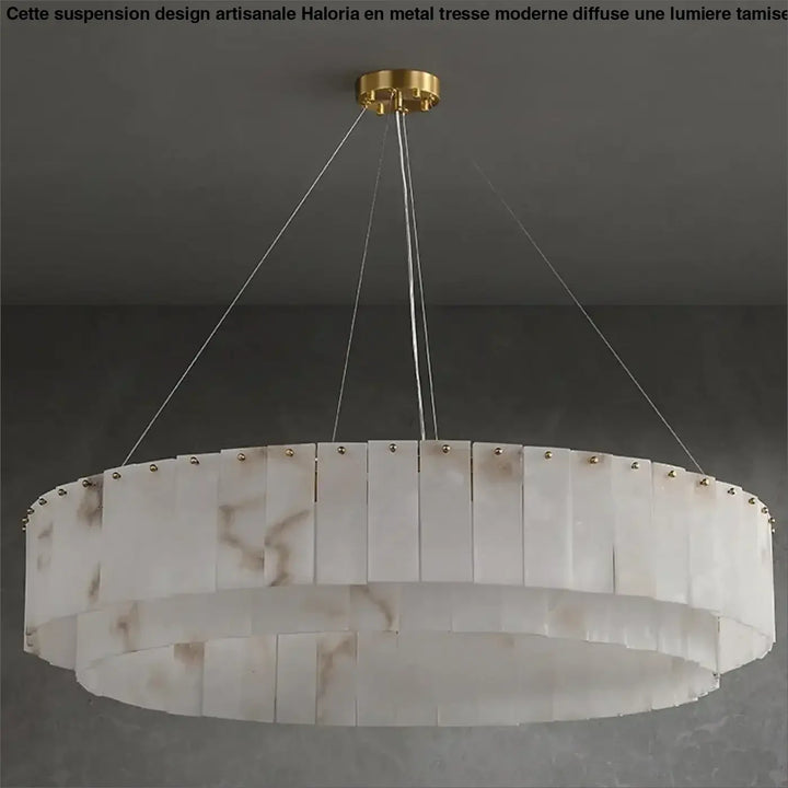 Suspension circulaire effet marbre led design blanc chic
