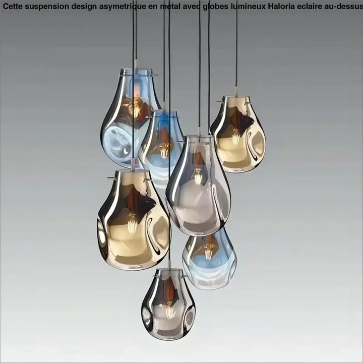 Suspension luminaire vulco avec sept abat-jours en verre en forme de goutte, finitions métalliques, bleu translucide et or