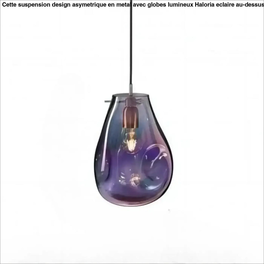 Suspension luminaire vulco avec abat-jour en verre dégradé violet et bleu en forme de goutte et ampoule filament visible