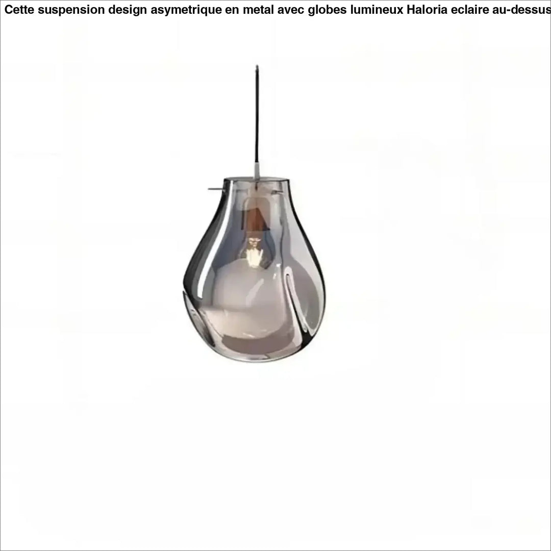 Suspension luminaire vulco avec abat-jour en verre gris translucide et ampoule à filament visible, forme goutte d’eau élégante