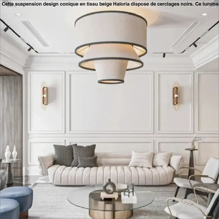 Suspension design conique en tissu beige et cerclages noirs

