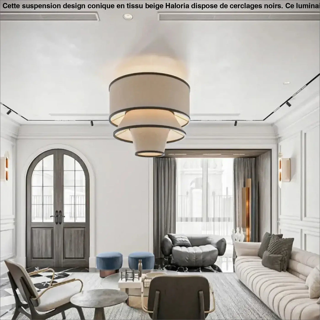 Suspension design conique en tissu beige et cerclages noirs

