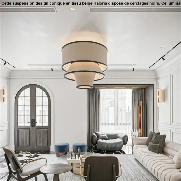 Suspension design conique en tissu beige et cerclages noirs


