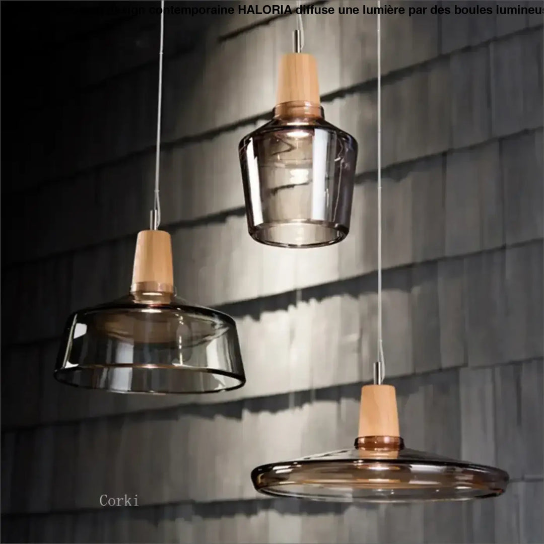 Suspension luminaire en verre fumé et bois design moderne élégant