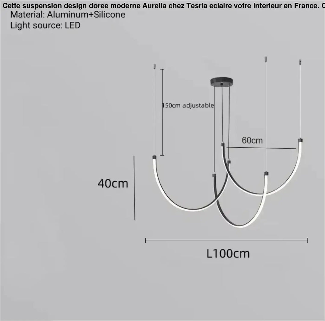 Suspension design doree moderne avec bras courbes noirs et blancs en aluminium et silicone, modèle aurelia