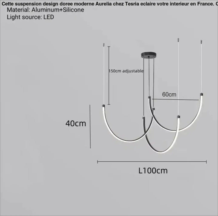 Suspension design doree moderne avec bras courbes noirs et blancs en aluminium et silicone, modèle aurelia