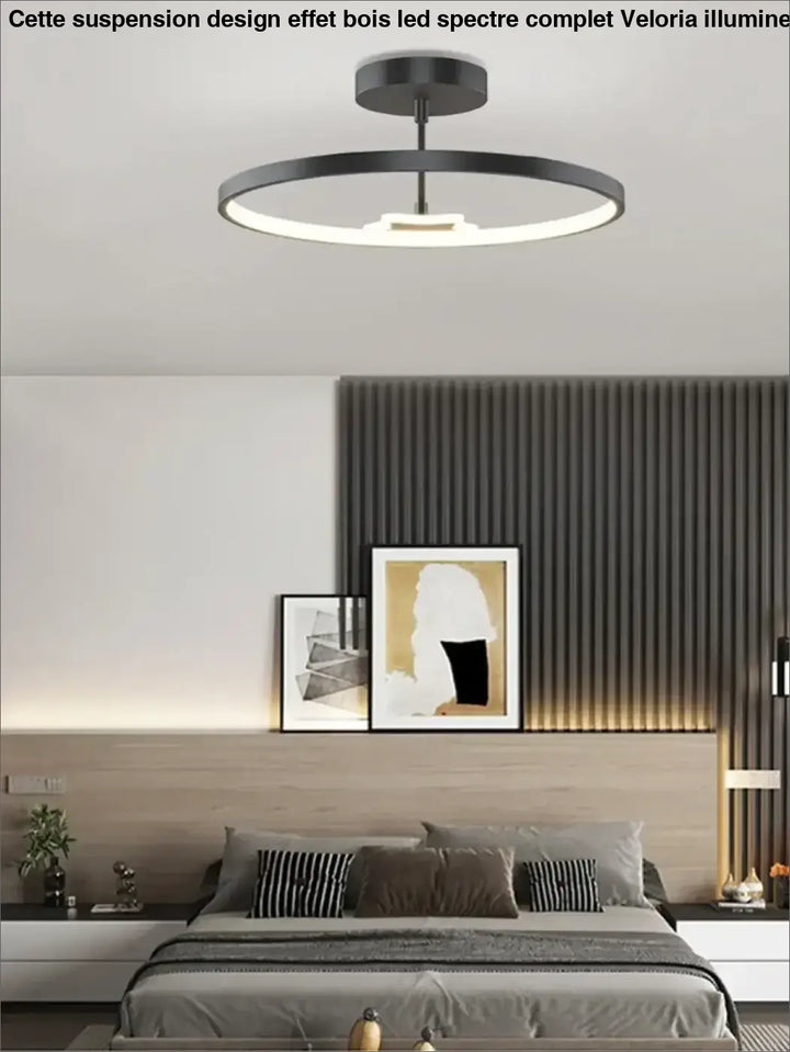 Suspension design effet bois led spectre complet veloria lampe de plafond circulaire noire avec éclairage led intégré minimaliste