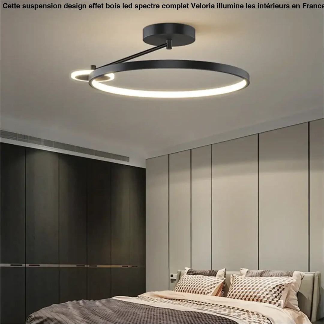 Suspension design effet bois noir moderne avec anneau led intégré et design circulaire minimaliste par veloria
