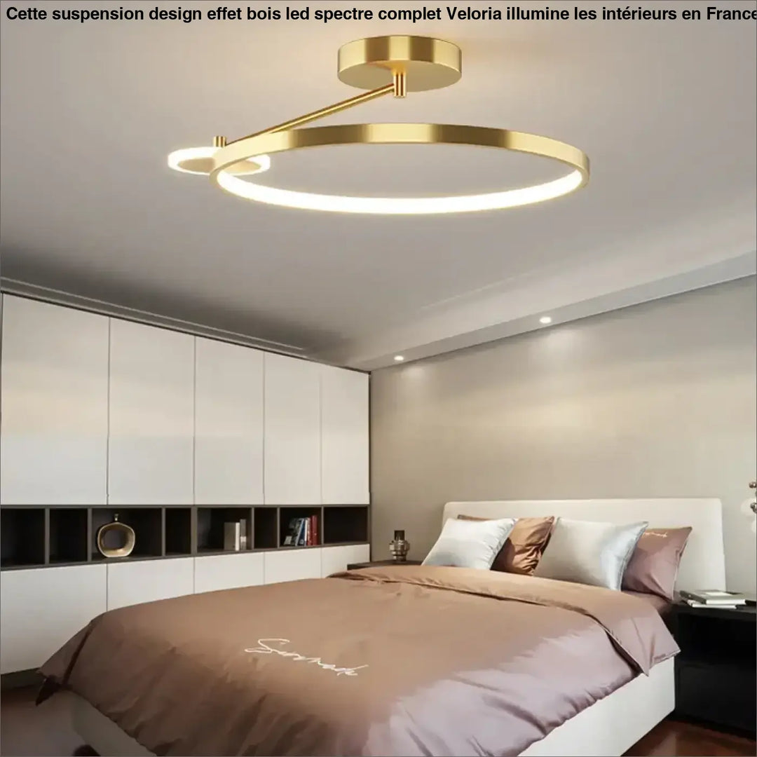 Suspension design effet bois led spectre complet veloria en métal doré circulaire avec design minimaliste moderne