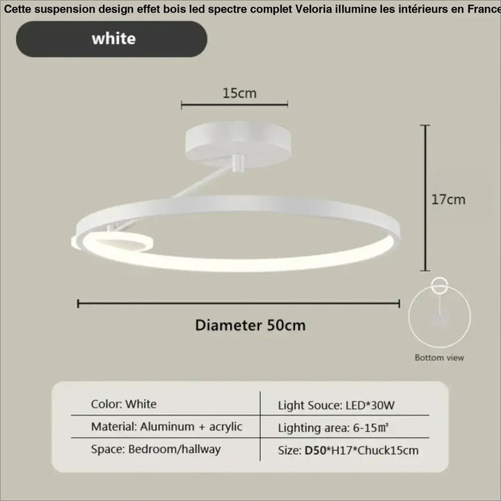 Suspension design effet bois led spectre complet veloria lumière plafonnier led blanc cercle aluminium acrylique intégré