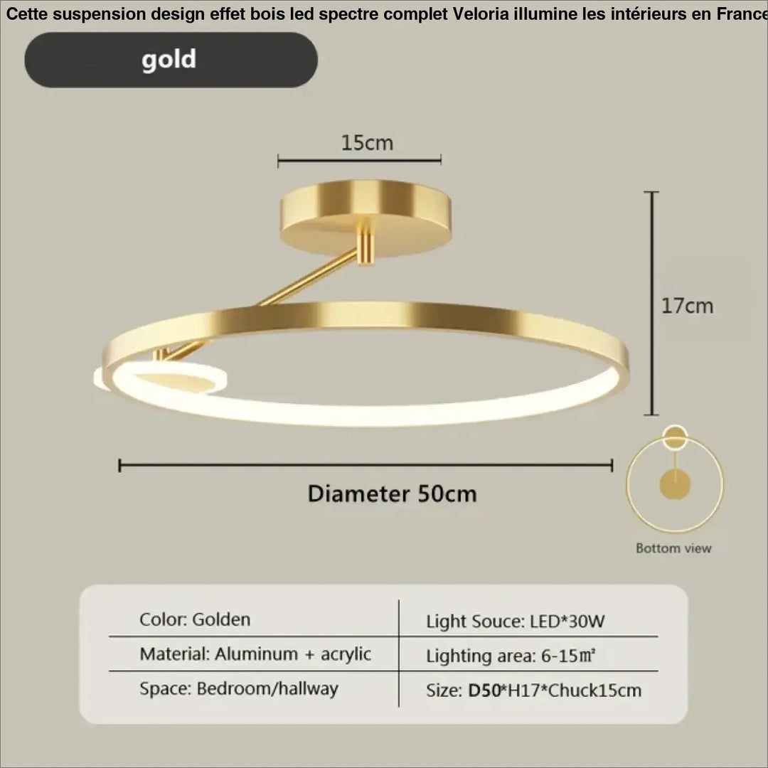 Suspension design effet bois led spectre complet veloria luminaire plafond moderne circulaire or en aluminium et acrylique
