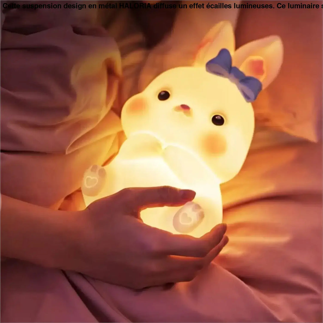 Veilleuse lapin girly ostara douce jaune avec noeud violet et yeux boutons noirs pour éclairage d ambiance