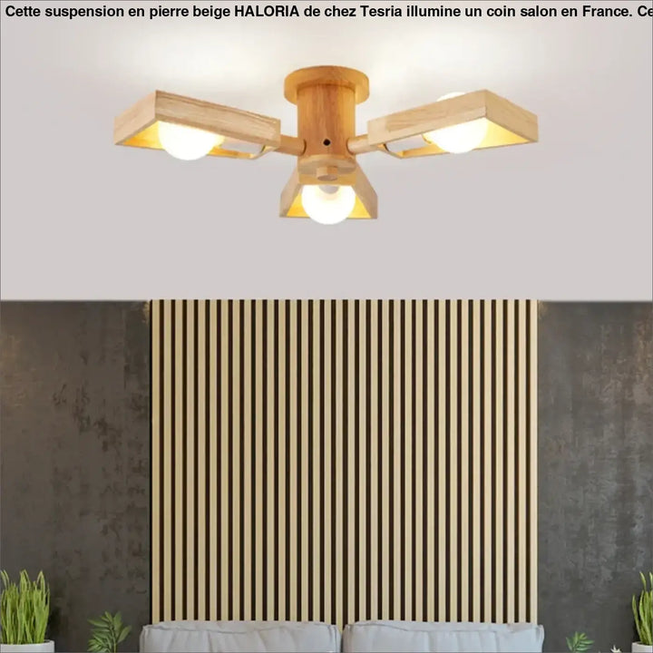 Suspension design en pierre beige forme dôme moderne en bois avec trois bras carrés pour éclairer au-dessus d’une table