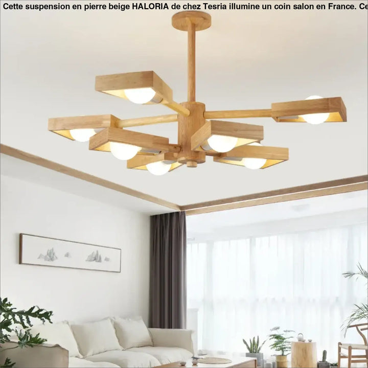 Suspension design en pierre beige forme dôme moderne avec six luminaires carrés en bois au-dessus d’une table ou d’un coin salon