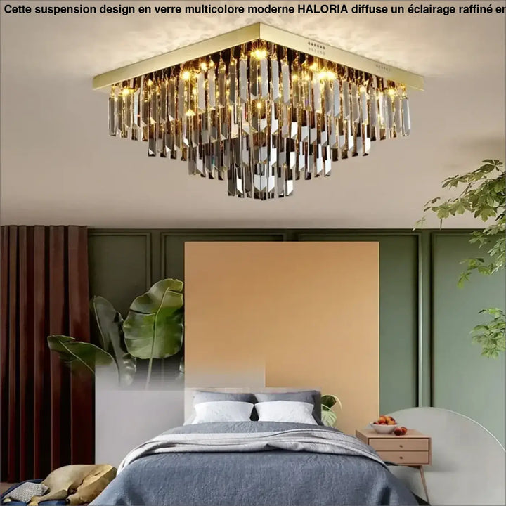 Plafonnier Cristal Carré Design Moderne Doré Étincelant Chic