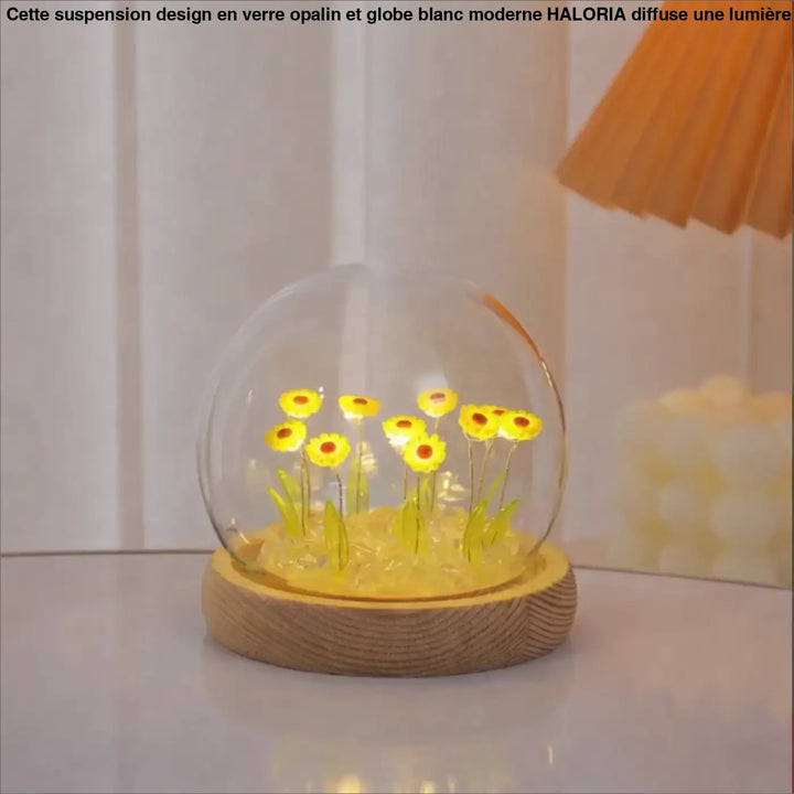 Veilleuse tournesol décorative helios en verre transparent avec base en bois et tournesols jaunes illuminés