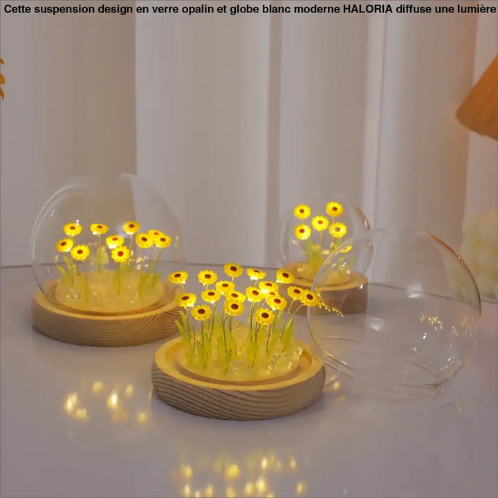 Veilleuse tournesol décorative helios avec dôme en verre clair et fleurs led jaunes sur socle en bois