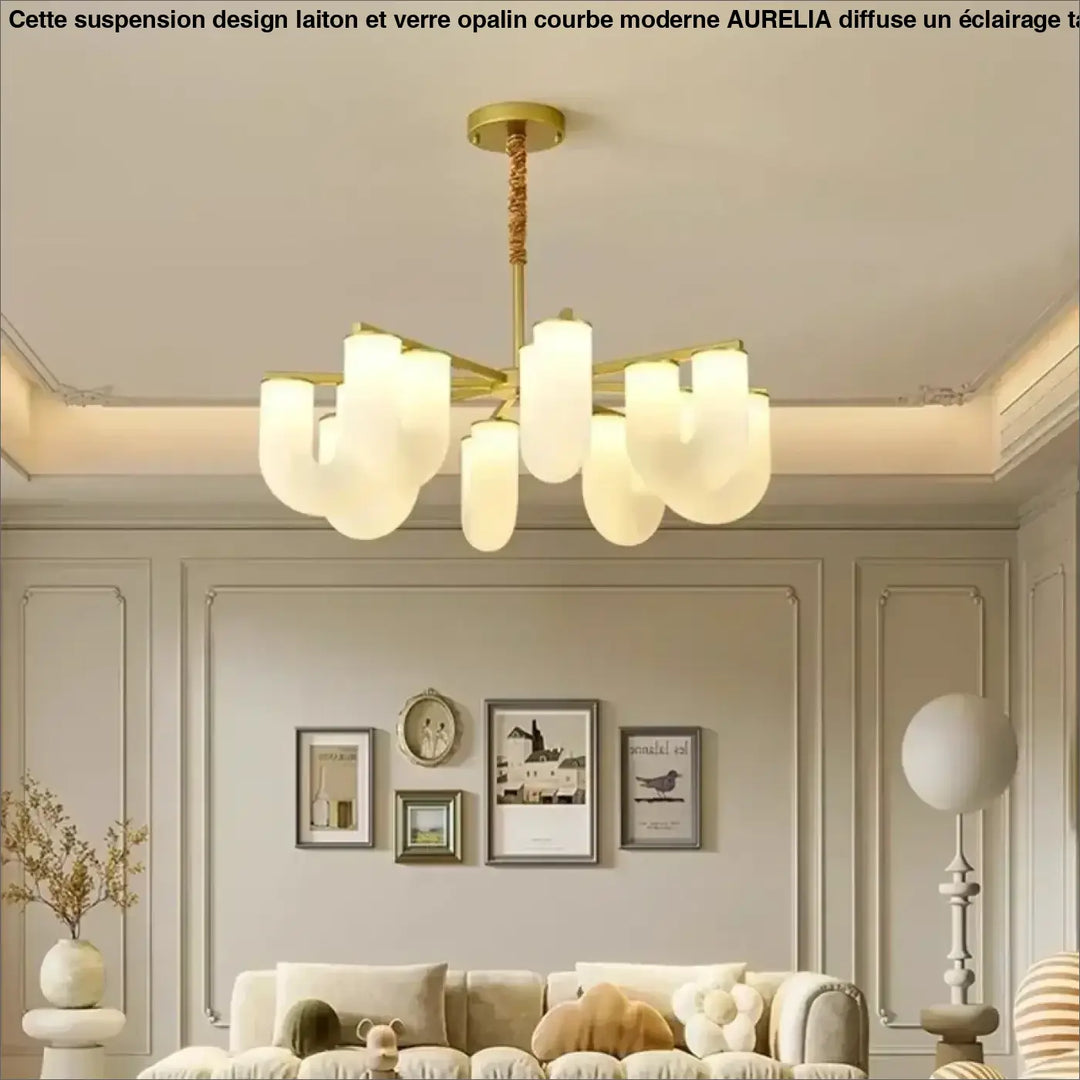 Suspension Design Laiton et Verre Opalin Courbé Moderne

