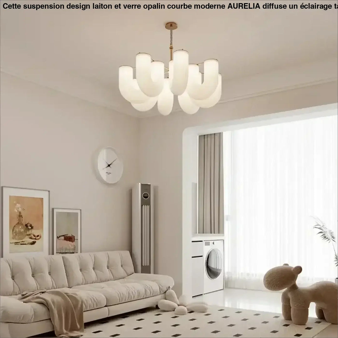 Suspension Design Laiton et Verre Opalin Courbé Moderne


