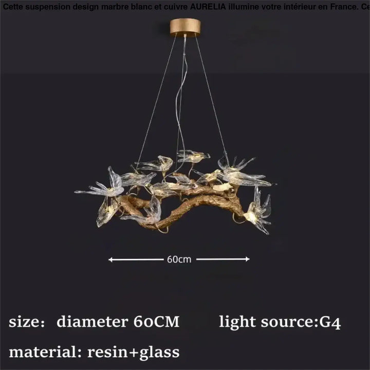 Suspension luminaire artistique oiseaux en verre doré