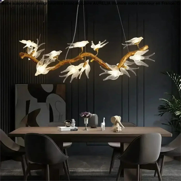 Suspension luminaire artistique oiseaux en verre doré