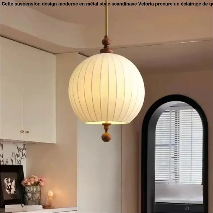 Suspension design en tissu et bois naturel blanc chic