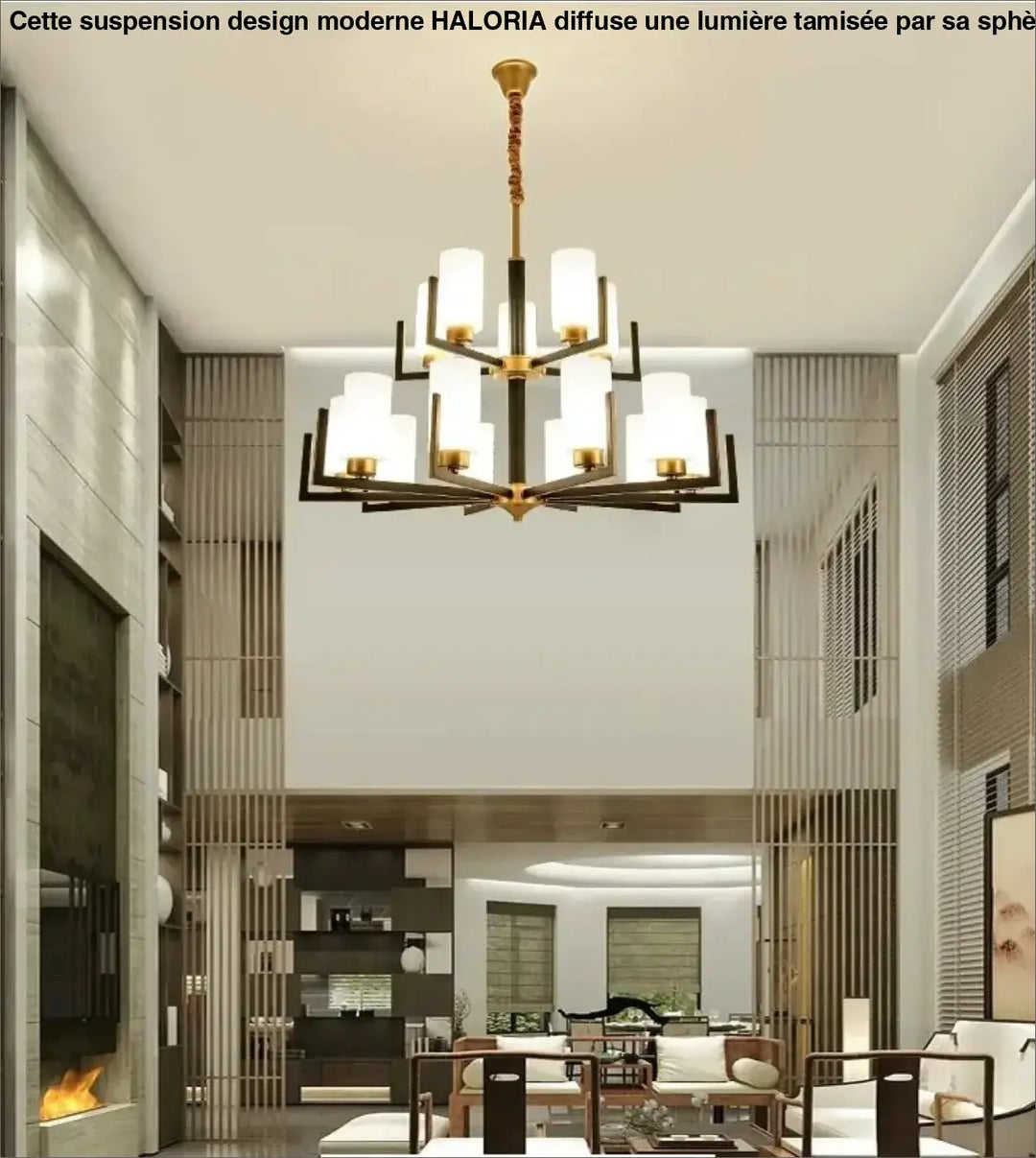 Suspension lustre contemporain noir doré et abat-jour verre chic