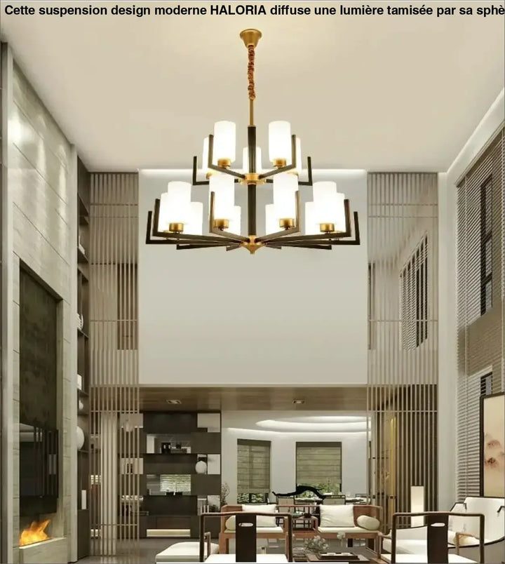 Suspension lustre contemporain noir doré et abat-jour verre chic