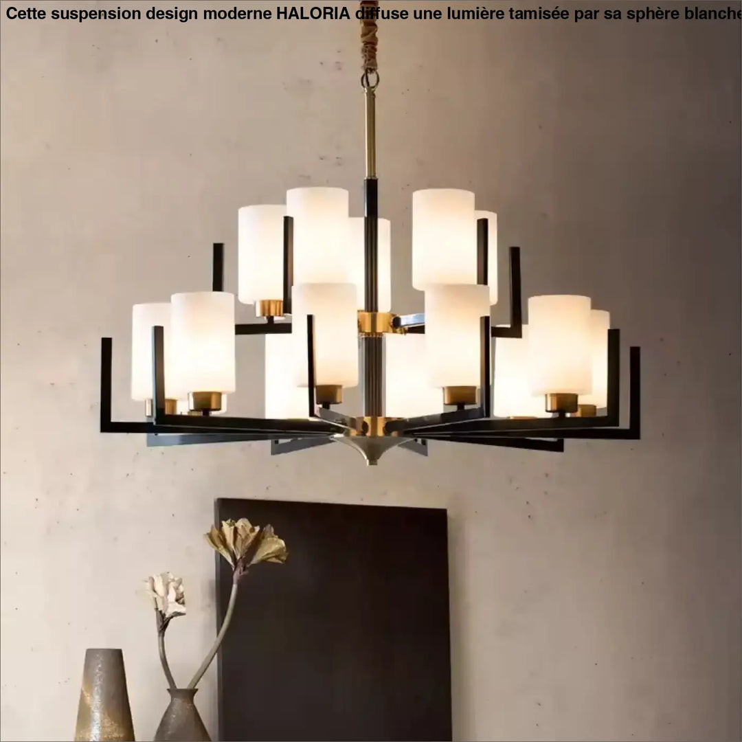 Suspension lustre contemporain noir doré et abat-jour verre chic