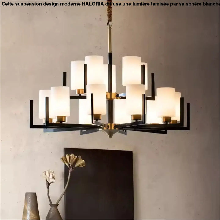 Suspension lustre contemporain noir doré et abat-jour verre chic
