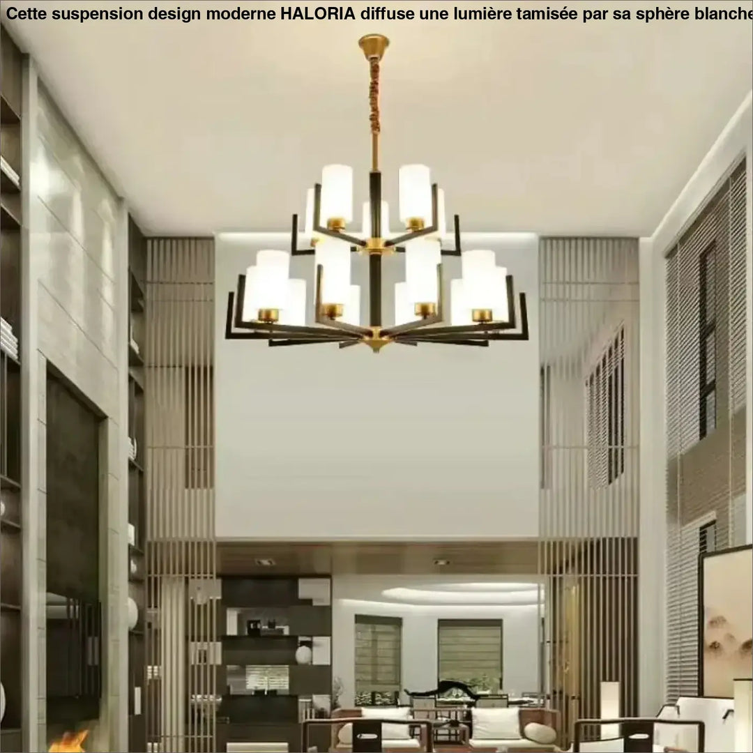 Suspension Lustre Contemporain Noir Doré Et Abat Jour Verre Chic