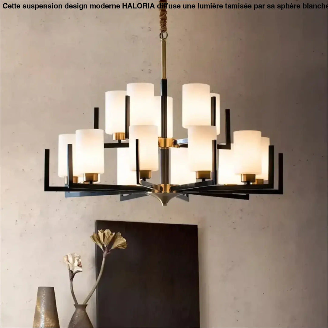 Suspension Lustre Contemporain Noir Doré Et Abat Jour Verre Chic