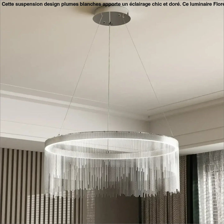 Suspension luminaire cercle avec chaînettes brillantes argentées