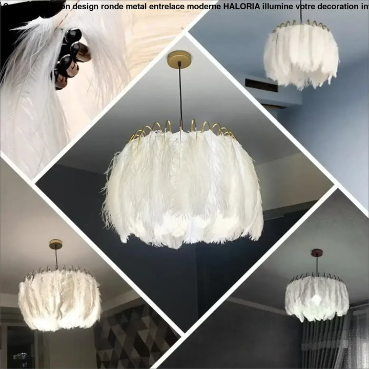 Suspension Design Plumes Blanches Élégante Doré Chic