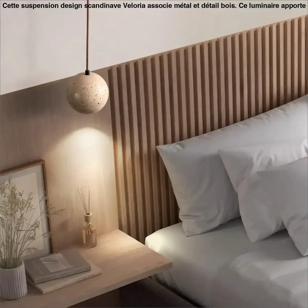 Suspension luminaire boule en pierre beige au style minimaliste