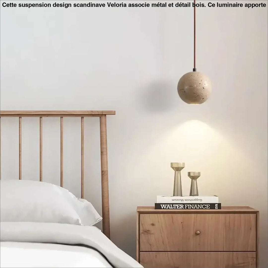 Suspension luminaire boule en pierre beige au style minimaliste