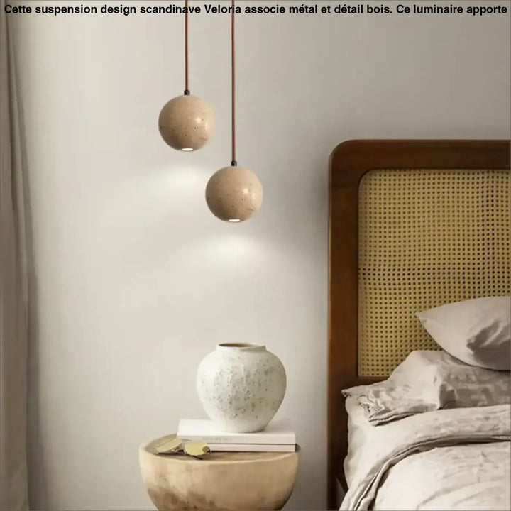 Suspension luminaire boule en pierre beige au style minimaliste