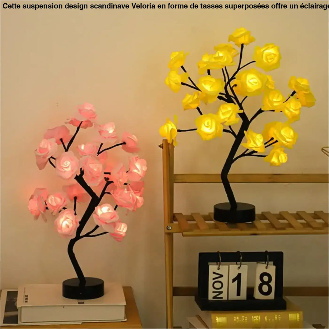 Lampe de chevet lirose forme d’arbre orné avec lampes décoratives roses et jaunes sur tiges et bases noires