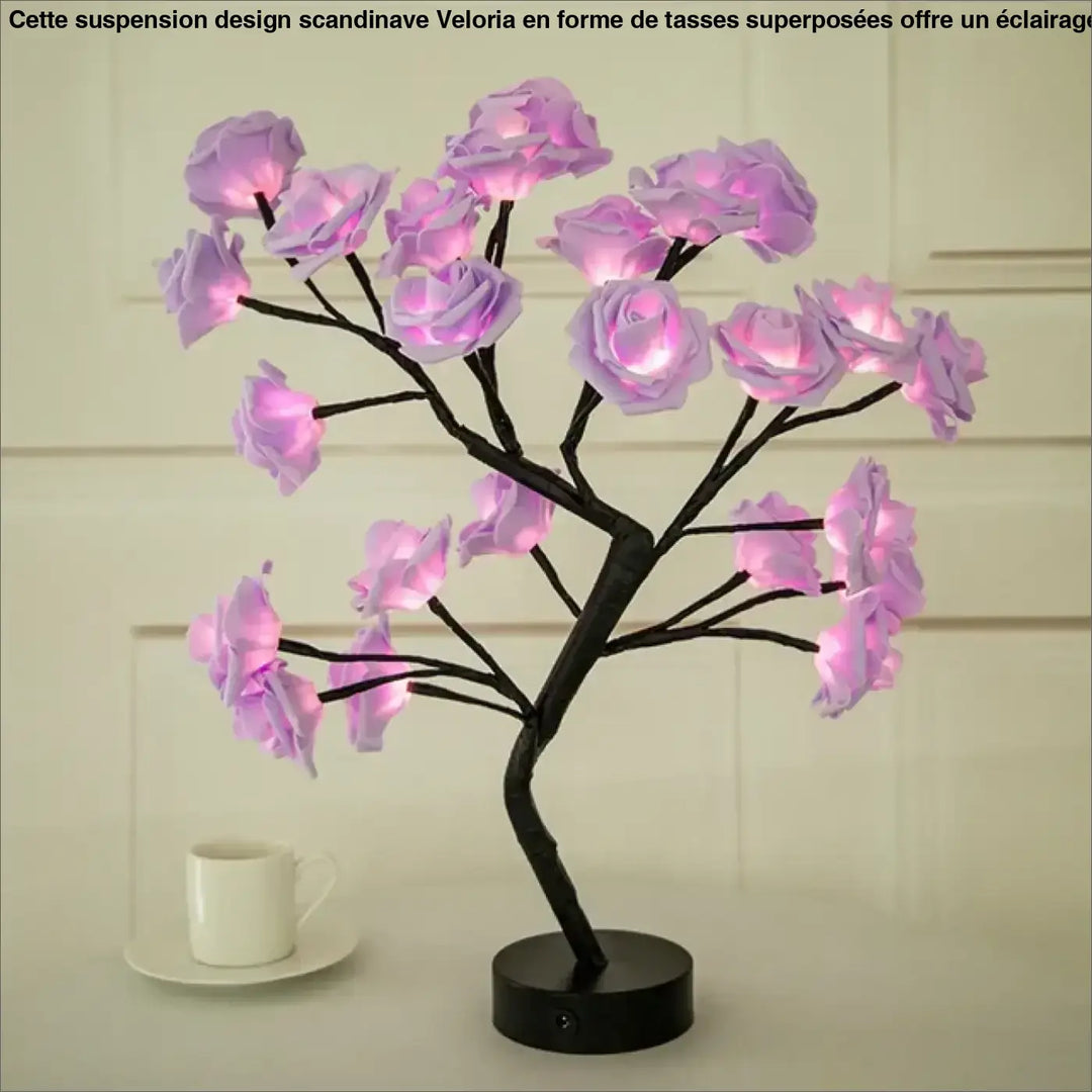 Lampe décorative forme d’arbre orné lirose avec branches marron foncé et pétales roses illuminés en forme d’arbre