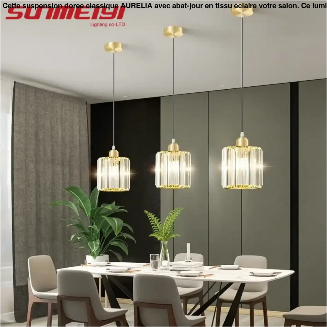 Suspension luminaire cristal doré et noir cylindrique élégant

